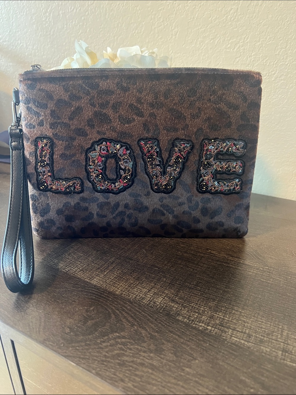 Sondra Roberts Brown Leopard 'LOVE' Embellished Wristlet Clutch